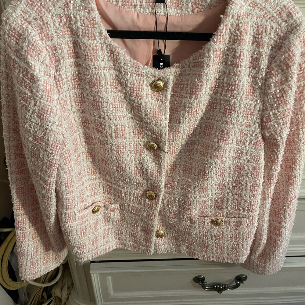 Express Women's Pink and White Tweed Jacket - Picture 9 of 11